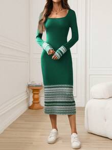 SHEIN LUNE Váy bó dài thể thao phong cách đường phố giản dị dành cho nữ, mùa thu - Màu xanh lá cây đậm - Xem 3