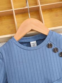 2 piezas Conjunto casual de top de cuello redondo y pantalones entallados de punto sólido para niñas jóvenes - Azul - Ver 5