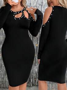 DreamSkyne Vestito corto semplice con spalle scoperte, maniche lunghe e decorazioni con perle, colore unito, taglie comode - nero - Visualizzare 5