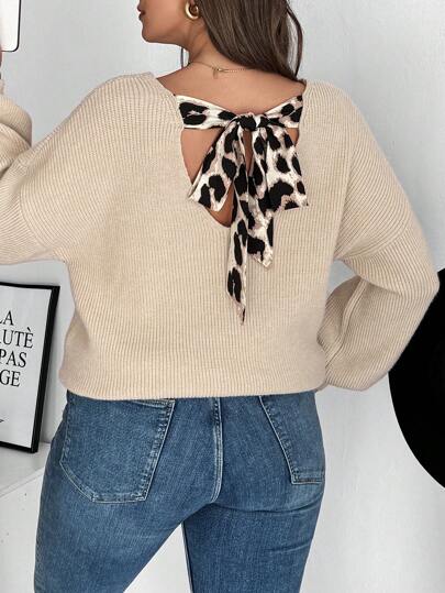 SHEIN Frenchy 大码女式 V 领蝴蝶结后系带套头衫，优雅法式风格，适合冬季