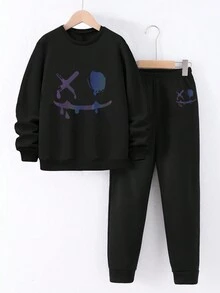 4 岁至 7 岁男孩冬季服装：圆领长袖运动衫 + 松紧腰裤，黑色，带彩色笑脸设计 - 黑色 - 查看 6