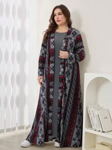 Al Najma 女士 2 件套复古长袍，圆领无袖内衣裙，休闲宽松大码，秋冬，波西米亚风格简约开放式长袍套装，适合日常休闲 2 件套 - 彩色 - 查看 3