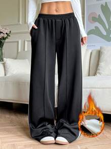 SHEIN EZwear Women Casual Contrast Color Side Stripe Wide Leg Pants - Black - View 1