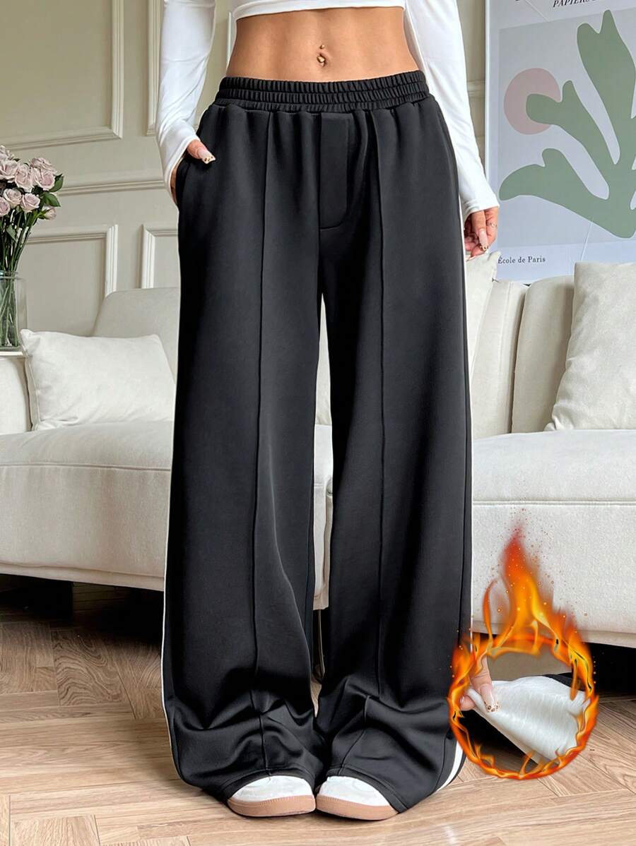 SHEIN EZwear Women Casual Contrast Color Side Stripe Wide Leg Pants - Black - View 1
