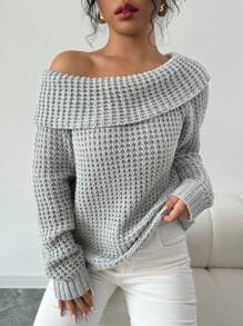 Elenzga 浅灰色不对称领口插肩袖女式针织套头衫，秋冬款 - 淺灰色 - 查看 5