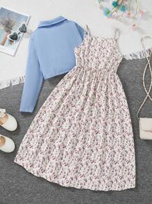 SHEIN Set de 2 piezas para niñas preadolescentes con camisa de manga larga de una hilera y vestido de tirantes con estampado floral vintage