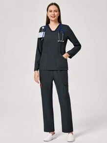 TaskEZ 1 套女式 V 领双口袋长袖上衣和裤子，护士制服套装 - 灰色 - 查看 8