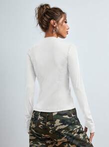 SHEIN EZwear 女款 Y2k 拉链拇指孔黑色夹克（秋冬款） - 白色 - 查看 2