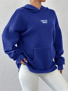 EURMUSE Cotton Letter Graphic Pocket Drop Shoulder Hoodie - Blue - View 5