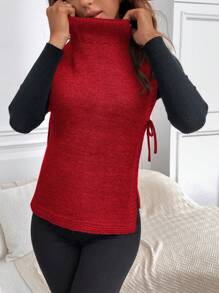 SHEIN LUNE 1 件纯色立领侧开衩系带针织毛衣背心，秋冬季休闲 - 酒紅色 - 查看 5