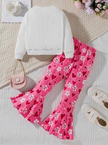 SHEIN Explorewe 2 Stücke Mädchen süß und niedlich Allround legere vielseitig Pendler-Stil Y2K Kreuz und Blume Muster Rundhals weißer Sweatshirt + komplett magenta Weite Hose Set, geeignet für Valentinstag, Feste, Alltag, Ausflüge, Familienfeste