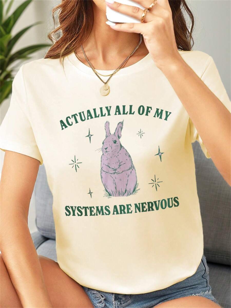 SHEIN LUNE 1pc Women Plus Size Casual Round Neck TShirt With Slogan