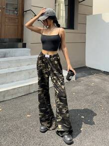 SHEIN EZwear Pantalones deportivos anchos de camuflaje casuales para mujer, aptos para el otoño