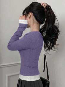 DAZY 女式 V 领蕾丝蝴蝶结拼布撞色 T 恤，秋季服装 - 紫色 - 查看 4