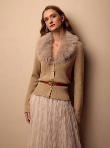 MOTF PREMIUM 蓬松拼接宽下摆开衫 - 卡其色 - 查看 5