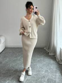 Elenzga 2pcs Set Casual Solid Color Lantern Sleeve Cardigan And Skirt, Autumn/Winter