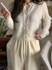 DAZY 女士薄款纯色前扣蕾丝拼接长袖毛衣，荷叶边 - 白色 - 查看 8