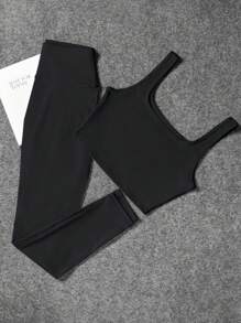 SHEIN Sports Women 3pcs/Set Casual Sportswear Warm Windproof Coat & Fitted Vest And Leggings, Autumn/Winter Running Fitness Outdoor & Workout Sets Women - Black - View 6