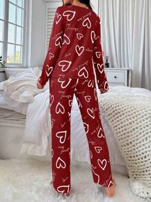 SHEIN 女士圆领印花长袖上衣和裤子休闲睡衣套装，秋冬服装 - 酒紅色 - 查看 2
