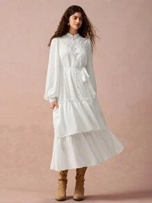 Enchnt Women's Elegant White Summer Graduation A-Line Dress,Solid Color Embroidered Front Button Long Sleeve Ruched Casual Fall Winter Christmas Clothing - White - View 9