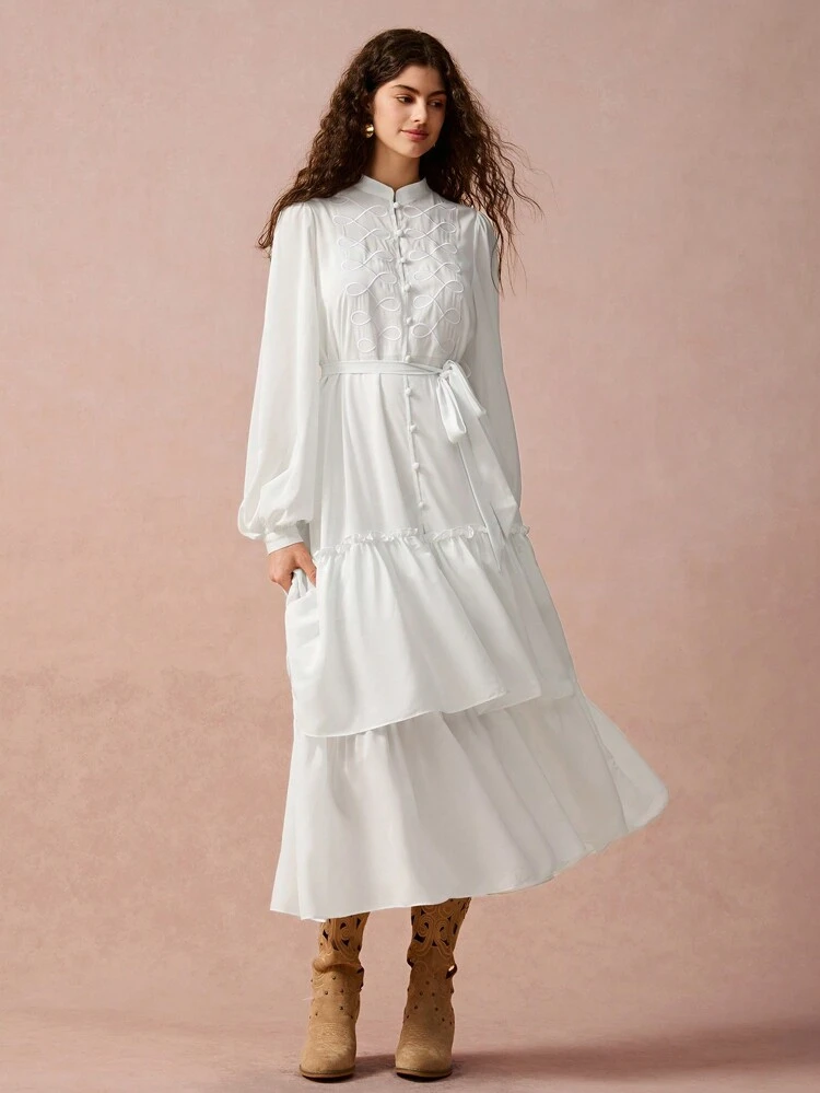 New Autumn Winter Products,Women's Elegant Solid Color Embroidered Front Button Long Sleeve Ruched Casual A-Line Dress,Fall Winter Women's Clothing, Winter Dress, Long Sleeve Dress,Fall Women Outfits,Winter Clothes,Christmas Dress,Christmas Women Clothes