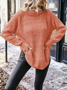 SHEIN LUNE 高领混纺长袖休闲毛衣（纱线颜色随机）针织套头衫 秋冬 - 珊瑚橙 - 查看 5
