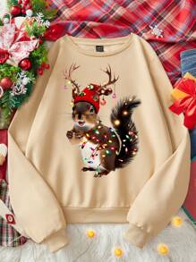 SHEIN Essnce Christmas Squirrel Light Shirt, Christmas Sweatshirt, Fun Christmas Sweatshirt, Christmas Gift Shirt, Family Christmas Shirt,Christmas Casual Minimalist Graphic Printed Crew Neck Loose Fit Women Sweatshirt, Autumn/Winter - Apricot - View 3