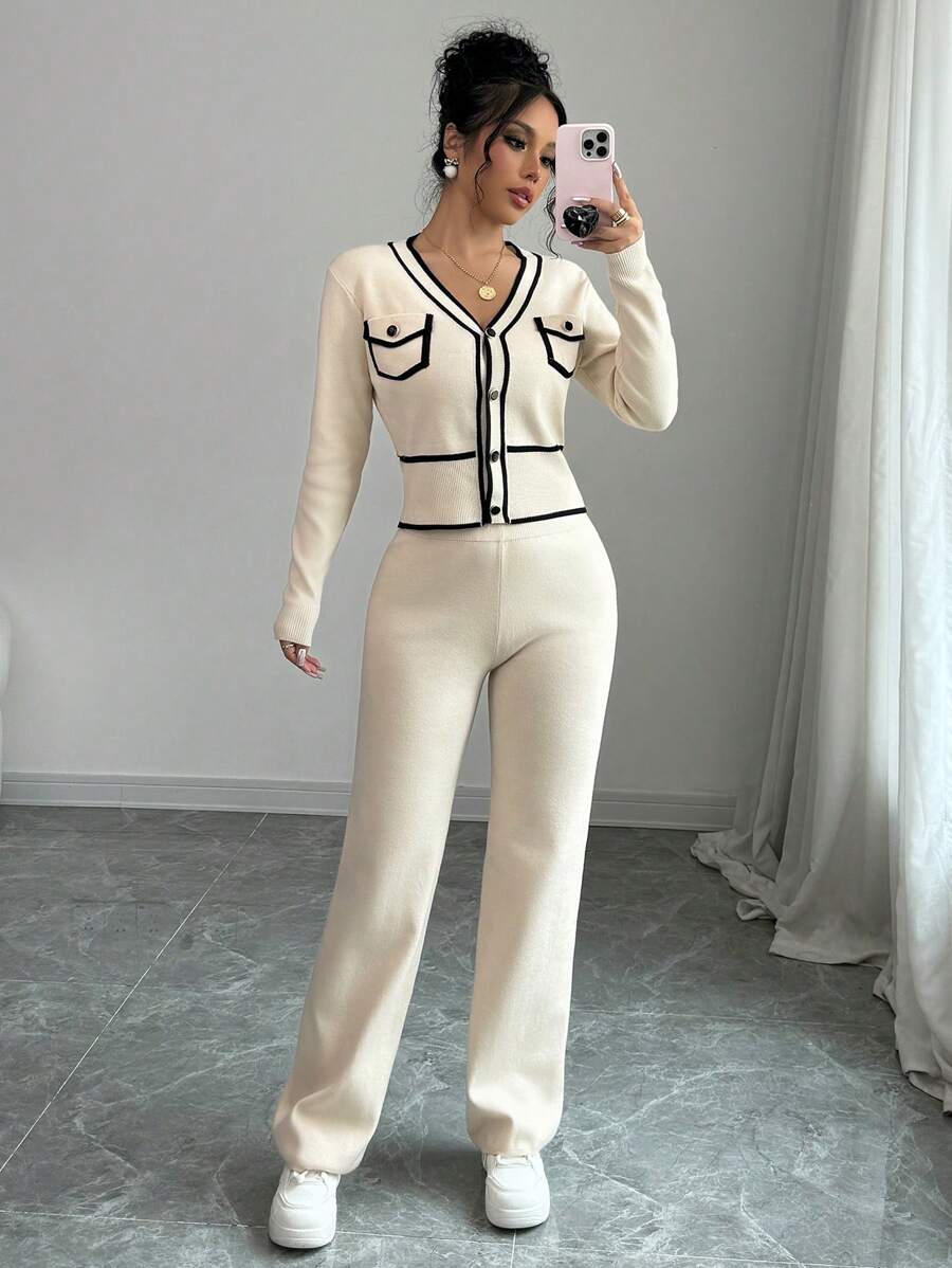 Selianne 2 件套女士套装，长袖 V 领开衫上衣和针织长裤，休闲秋季 - 杏色 - 查看 1