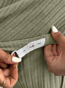 SHEIN 2pcs/Set Maternity Casual Solid Color V-Neck Ribbed Long Sleeve Top With Adjustable Waist Band And Leggings, And Leggings, Spring/Autumn - Army Green - View 6