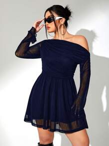 SHEIN ICON 大码女式纯色不对称领口优雅长袖连衣裙，秋季 - 藏蓝色 - 查看 4