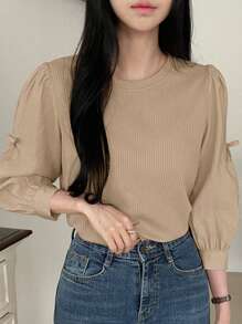 DAZY Áo sơ mi dài tay cổ tròn trang trí nơ công sở cho nữ mùa thu - Màu Khaki - Xem 2