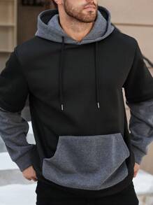 Manfinity Homme 大码男式纯色拼布印花休闲连帽衫 - 彩色 - 查看 2