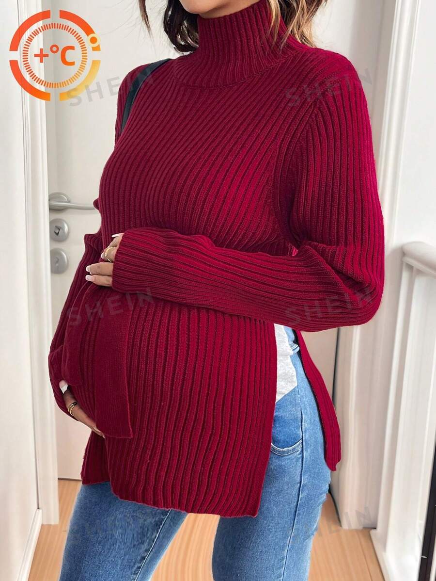 SHEIN Suéter liso de cuello alto de manga larga y unicolor, para uso diario casual en invierno, para maternidad