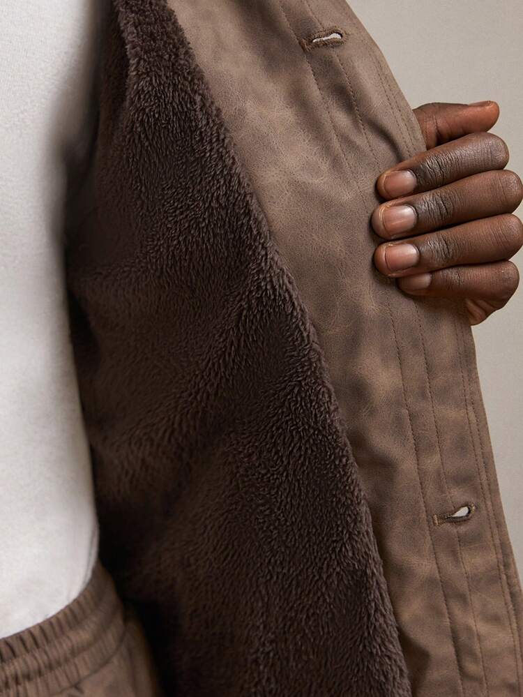 Men's Loose Fit Drop Shoulder Turndown Collar Thermal Lined Casual Zip Up Jacket, Suitable For Autumn Winter