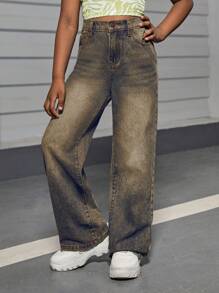 SHEIN Tween Girls' Y2k Washed Casual Retro Nostalgic Street Baggy Soft Wide Leg Jeans For Girls Summer - Dark Wash - View 6