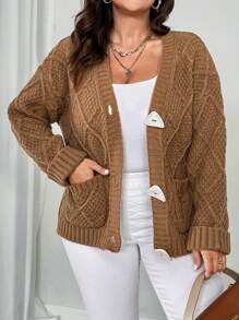 Celure Cárdigan informal de talla grande para mujer de color liso con bolsillos dobles, otoño/invierno