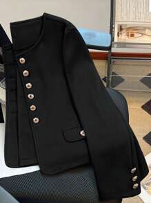 Franclia 女士纯色前扣优雅长袖短款开衫 - 黑色 - 查看 6