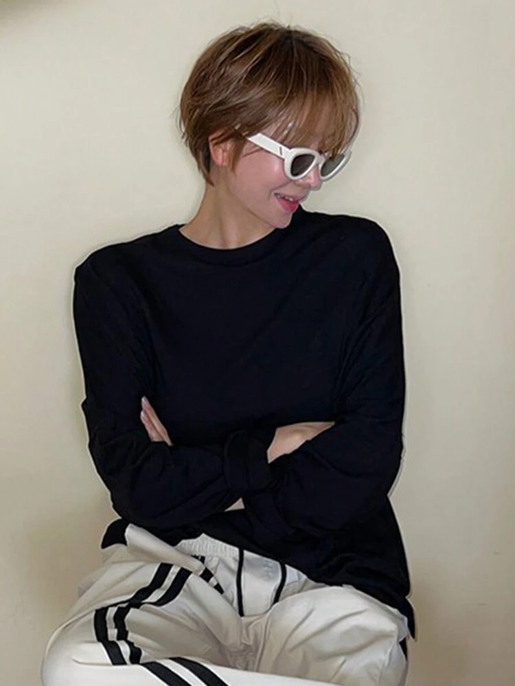 1pc Women Solid Color Round Neck Long Sleeve Casual Loose T-Shirt, Autumn