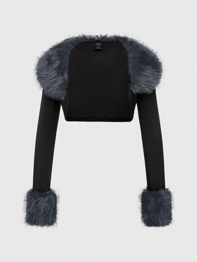 Grunge Punk Top corto con mangas largas y frente abierto, de estilo patchwork y esponjoso, al estilo Harajuku Y2K, para mujeres