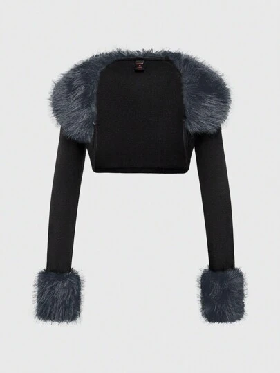 ROMWE Grunge Punk Y2K 原宿风格蓬松拼接女式长袖前开短款上衣