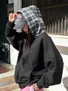 DAZY Áo nỉ nỉ kẻ caro dáng rộng thoải mái mới cho nữ mùa thu - màu đen - Xem 1