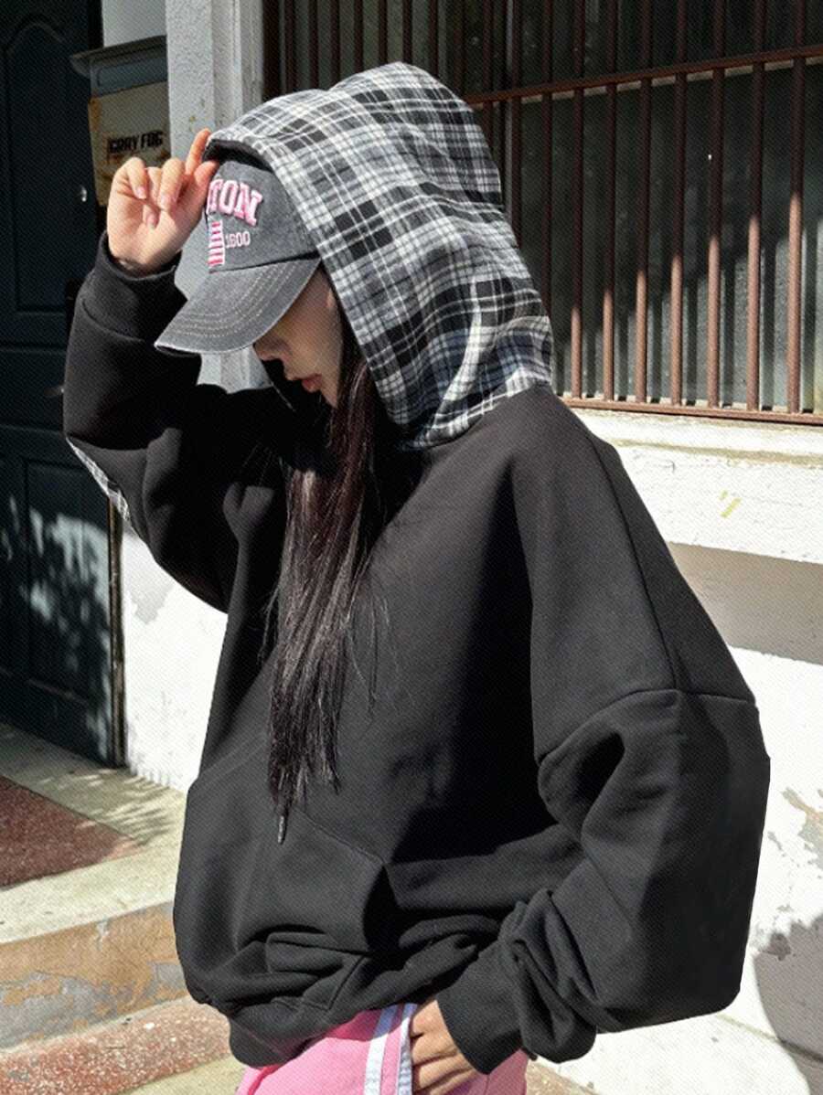 DAZY Áo nỉ nỉ kẻ caro dáng rộng thoải mái mới cho nữ mùa thu - màu đen - Xem 1