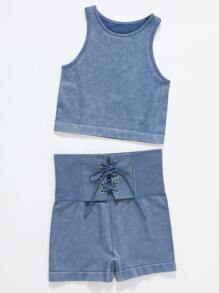 Women Shapewear Set,Seamless Denim Effect Soft Comfortable Camisole & High-Elastic Shaping Shorts,Skin-Friendly Summer Gym Outfits For Women,2pcs - Blue - View 3