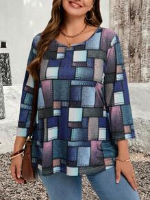 EMERY ROSE 大码圆领长袖拼布 T 恤，休闲简约 - 藏蓝色 - 查看 1