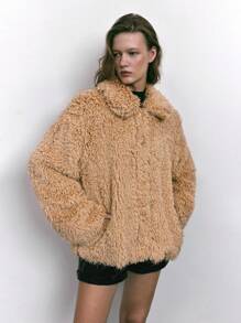 Maija Women's Brown Fuzzy Warm Faux Leather Patchwork Turndown Collar Loose Casual Teddy Fleece Jacket, Winter - Khaki - View 5