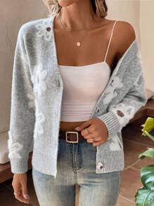 EMERY ROSE Floral Pattern Drop Shoulder Cardigan,Long Sleeve Tops Fall Winter Cloth For Women - Grey - View 3