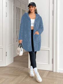 SHEIN EZwear 大码纹理提花保暖夹克，适合冬季 - 藍色 - 查看 5
