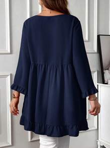 EMERY ROSE Plus Size Solid Color Round Neck Casual Everyday Long Sleeve Shirt - Navy Blue - View 2