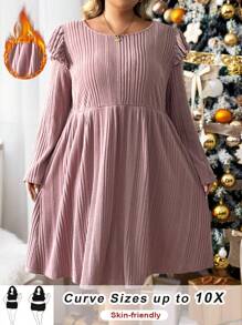 SHEIN CURVE+ 大码荷叶边罗纹针织纯色长裙，秋季 - 藕粉色 - 查看 3