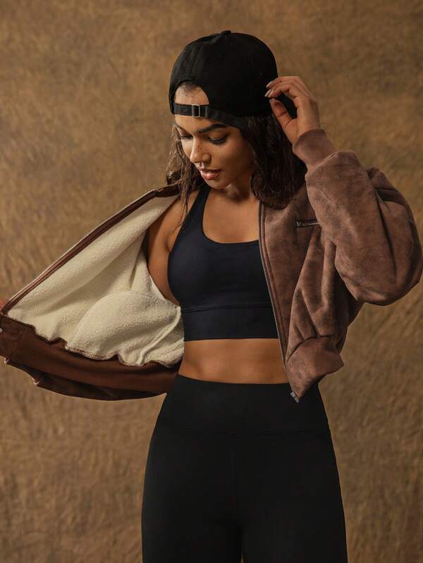 VARSITIE Fleece Retro Floral Yarn Brown Lining Plush Warm Women Jackets
